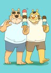 2024 anthro bear blue_background blush bottomwear brown_body clothing dessert duo felid food hi_res humanoid_hands ice_cream kemono male mammal panda_po pantherine shirt shorts simple_background slightly_chubby tiger topwear walking