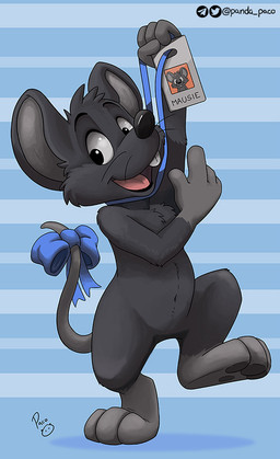 accessory anthro black_nose bow_ribbon featureless_crotch front_view fur furgonomics gloves_(marking) grey_body grey_fur grey_tail head_tuft male male_anthro markings navel nude open_mouth open_smile pattern_background pink_tongue ribbons simple_background smile solo standing striped_background tail tail_accessory tail_bow tail_ribbon tongue tuft whiskers young young_anthro young_male pandapaco mausie_(character) mammal mouse murid murine rodent full-length_portrait portrait