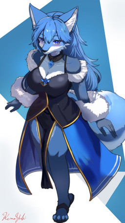 abstract_background anthro big_breasts black_clothing black_dress blue_body blue_eyes blue_fur blue_hair boa_(clothing) breasts clothed clothing collar countershading dress female front_view fully_clothed fur hair inner_ear_fluff long_hair simple_background sleeveless_dress solo standing tuft kemo_yuki canid canine canis domestic_dog mammal 9:16 full-length_portrait hi_res portrait