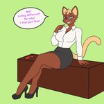 anthro body_swap bottomwear clothing female footwear high_heels pencil_skirt possession secretary shoes sitting_on_desk skirt solo kibaaussie kiba_aussie felid feline mammal 1:1