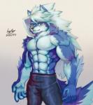 abs anthro biceps blue_body blue_fur clothed clothing front_view fur hair male muscular muscular_anthro muscular_male pecs red_eyes solo standing topless wolfmalro cheong_hwan canid canine canis mammal wolf 2017 hi_res portrait three-quarter_portrait