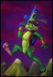 4_toes 5_fingers anthro biped black_border black_nose blue_eyes border cheek_tuft crotch_tuft facial_tuft feet fingers front_view fur futuristic_gun glistening glistening_eyes green_body green_ears green_fur green_hair green_tail hair holding_object holding_weapon male pink_inner_ear scut_tail short_hair short_tail sign solo tail teeth toes tuft weapon weapon_on_shoulder whiskers skyelegs epic_games jazz_jackrabbit_(series) jazz_jackrabbit lagomorph leporid mammal rabbit 2018 dated signature