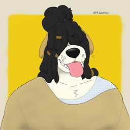 accessory anthro black_hair clothing dreadlocks eyebrows floppy_ears front_view fur hair hair_accessory hair_over_eye hair_over_eyes hair_ring male male_anthro off_shoulder_shirt shirt simple_background smile solo tongue tongue_out topwear undershirt whisker_spots white_body white_fur yellow_background p_rindustries anton_(p_rindustries) canid canine canis domestic_dog herding_dog mammal pastoral_dog sheepdog 1:1 2022 signature trans_(lore) trans_man_(lore)