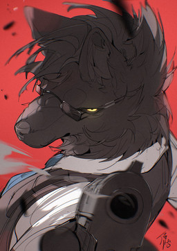anthro black_body black_eyewear black_fur black_glasses black_hair black_sclera blue_necktie brown_clothing brown_topwear brown_vest clothing collared_shirt dress_shirt eyewear fur glasses glowing_pupils gun hair handgun holding_gun holding_handgun holding_object holding_pistol holding_ranged_weapon holding_weapon looking_at_viewer male mouth_closed necktie pistol pointing_gun_at_viewer ranged_weapon rectangular_glasses red_background shirt simple_background smoke solo topwear vest weapon wearing_glasses white_dress_shirt yellow_eyes chiayeeee canid canine canis mammal wolf 2025 digital_drawing_(artwork) digital_media_(artwork) hi_res signature