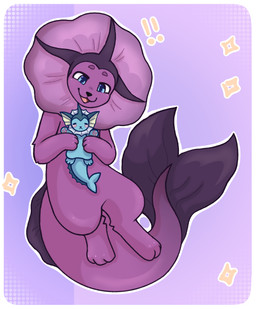 ambiguous_gender blue_body blue_eyes blush doll exclamation_point feral frill_(anatomy) fur happy open_mouth paws pink_body pink_fur simple_background solo sparkles tail wavy_tail dillpickle_9559 nintendo pokemon springs_the_vaporeon_(character) eeveelution generation_1_pokemon hybrid pokemon_(species) shiny_pokemon vaporeon hi_res