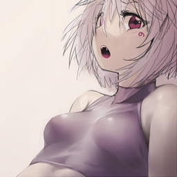 bare_shoulders breasts clothing fangs female hair looking_at_viewer not_furry red_eyes short_hair solo teeth white_hair geppewi asian_mythology east_asian_mythology japanese_mythology mythology touhou momiji_inubashiri canid canine canis mammal tengu vampire wolf yokai 1:1