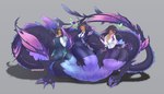 beverage black_hair blue_body blue_eyes blue_scales bottomwear breasts business_suit butt cigarette claws clock clothing female green_smoke grey_background hair heart_symbol hip_wings holding_beverage holding_cigarette holding_object jewelry membrane_(anatomy) membranous_wings multi_body open_mouth pendant ponytail purple_body purple_eyes purple_scales scales simple_background skirt skull_symbol smile smoke solo standing suit tail unusual_wing_placement watch wings wristwatch hhhori european_mythology greek_mythology mythology humanoid hydra 2022 absurd_res digital_media_(artwork) hi_res