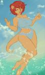 barefoot belly_cutout big_breasts breasts claws clothed clothing cloud cutout eyes_closed feet female hair one-piece_swimsuit sea sharkini sky smile solo swimwear toes water avencri mammal mustelid musteline true_musteline weasel 3:5