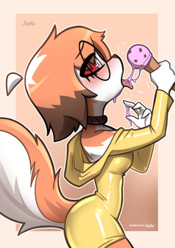 anthro clothing coat dessert eyewear female food glasses ice_cream raincoat red_sclera small_waist solo topwear jizoku mythology sol_(jizoku) canid canid_demon canine demon hellhound mammal mythological_canine mythological_creature absurd_res hi_res