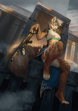 4_fingers 4_toes 5_fingers anthro assault_rifle breasts circlet clothed clothing day detailed_background detailed_fur egyptian feet female fingers fur gun jewelry necklace outside pawpads pendant ranged_weapon rifle sky smile solo toes weapon conditional_dnp royz fhyra black-backed_jackal canid canine canis jackal mammal chromatic_aberration detailed digital_media_(artwork) digital_painting_(artwork) hi_res painting_(artwork) shaded