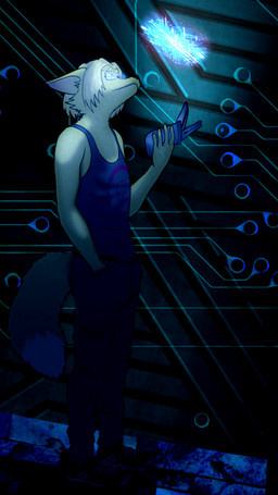 anthro blonde_hair clothed clothing eyewear fluffy fluffy_tail fully_clothed fur glasses hair looking_up male solo standing tail technology yellow_body yellow_fur fredryk_phox canid canine fox mammal 9:16 hi_res