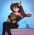 anthro black_nose blue_eyes ear_tuft female front_views guitar musical_instrument outside plucked_string_instrument singing solo string_instrument tuft twiren kella avian bird canid canine fox mammal red_fox true_fox hi_res