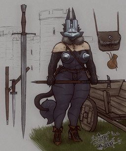 anthro armor big_breasts black_body black_fur breasts castle chainmail clothed clothing curvy_figure female footwear fur high_heels long_ears mask melee_weapon navel shoes skimpy solo standing striped_body striped_fur stripes sword thick_thighs unconvincing_armor voluptuous weapon wide_hips sligarthetiger dubmare canid canine canis mammal wolf 2022 full-length_portrait hi_res portrait signature