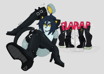 ambiguous_gender armwear bodily_fluids body_modification boots clothing crossed_legs cum cum_drip cum_pool dripping duo footwear genital_fluids glowing glowing_eyes high_heeled_boots high_heels legwear looking_at_viewer machine male offscreen_sex shoes sitting solo sound_effects standing tail thick_thighs wide_hips ongongio roboneco_(character) android domestic_cat felid feline felis mammal robot