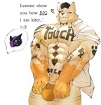 anthro blush clothed clothing duo hair male male/male muscular muscular_male tattoo text yaiski epic_games fortnite meowdas nyanja_(fortnite) domestic_cat felid feline felis mammal hi_res