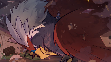 ambiguous_gender beak beak_closed bent_legs body_size_growth carrying_another carrying_partner cracks cramped damaged_floor damaged_wall debris destruction duo extreme_size_difference feathers feet female feral folded_wings hanging_by_arms inside larger_ambiguous larger_feral lying macro macro_feral mouth_closed on_front room_filling side_view size_difference size_transformation smaller_female smaller_human talons toes transformation wings snivine444 nintendo pokemon accipitriform avian bird braviary generation_5_pokemon human mammal pokemon_(species) 16:9 2023 digital_media_(artwork) digital_painting_(artwork) hi_res painting_(artwork) widescreen