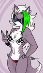 5_fingers anthro bikini bracelet checkered checkered_clothing checkered_topwear clothing countershading devil_horns_(gesture) ear_piercing eyewear female fingers fur gesture glasses green_highlights grey_body grey_fur hair hand_gesture highlights_(coloring) jewelry opaque_glasses pattern_clothing pattern_topwear piercing race_queen side-tie_bikini simple_background solo string_bikini sunglasses swimwear tail topwear two-piece_swimsuit white_hair omegamax five_nights_at_freddy's five_nights_at_freddy's:_security_breach scottgames steel_wool_studios roxanne_wolf canid canine canis mammal wolf 2021 hi_res signature