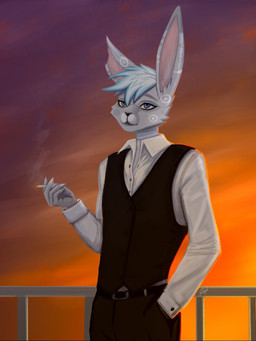 5_fingers anthro belt blue_eyes blue_hair bottomwear cigarette clothed clothing eyebrows fingers fur grey_body grey_eyebrows grey_fur hair male notched_ear outside pants shirt smoke smoking solo sunset topwear vest youraugust lagomorph leporid mammal rabbit 3:4 hi_res