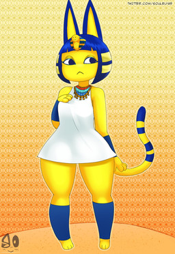anthro blue_body blue_eyes blue_fur blue_hair bottom_heavy breasts clothed clothing dress eyelashes female front_view fur hair hand_on_breast markings solo standing striped_markings striped_tail stripes tail tail_markings text thick_thighs uraeus white_clothing white_dress wide_hips yellow_body yellow_fur souley69 animal_crossing nintendo ankha_(animal_crossing) domestic_cat felid feline felis mammal hi_res url