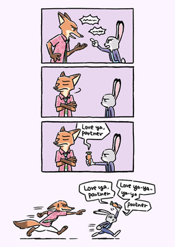 anthro black_ears black_nose brown_ears brown_tail carrot_pen clothed clothing countershading dialogue dipstick_ears dipstick_tail duo ear_markings female fur grey_body grey_ears grey_fur long_ears long_tail male markings multicolored_body multicolored_ears multicolored_fur orange_body orange_ears orange_fur orange_tail pink_inner_ear speech_bubble tail tail_markings tan_body tan_countershading tan_fur tan_inner_ear text two_tone_ears white_body white_countershading white_fur gumi_(pixiv) disney zootopia judy_hopps nick_wilde canid canine european_rabbit fox lagomorph leporid mammal oryctolagus rabbit red_fox true_fox absurd_res comic english_text hi_res
