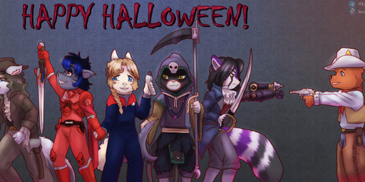 anthro clothing cosplay costume cowboy cowboy_hat female group gun hand_holding handgun hat headgear headwear holidays jedi lightsaber magic_user male melee_weapon necromancer phaser pirate pistol polearm ranged_weapon scythe smile sword weapon young liryal halloween lies_of_p star_trek star_wars super_sentai adam_the_forsaken hollyann_hoythund jackie_schmitfaust tilcara_(liryal) yuuma_fujimori_(tsunderepanda) ailurid alaskan_klee_kai alpaca bird_dog camelid canid canine canis domestic_cat domestic_dog felid feline felis fish fox golden_retriever hunting_dog hybrid mammal marine red_panda retriever shark spitz wolf absurd_res hi_res