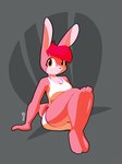 anthro bottomwear breasts buckteeth clothing female hair pink_body red_hair simple_background sitting smile solo teeth topwear white_bottomwear white_clothing white_topwear yellow_eyes senshellshark lacey_(senshell) lagomorph leporid mammal rabbit 2022 digital_media_(artwork) hi_res