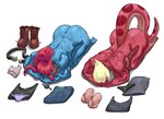 accessory anthro apology belt big_breasts big_butt blonde_hair boots bottomwear bowing breasts butt clothing discarded_clothing dogeza duo ear_fins eye_patch eyewear female fin footwear hair hair_accessory hairband long_hair nude panties pants ponytail red_hair sandals shirt shoes short_hair shorts simple_background socks tank_top topwear underwear thedarkzircon amphibia_(series) disney undertale_(series) general_yunan undyne amphibian animal_humanoid fish fish_humanoid humanoid marine marine_humanoid newt salamander 2024 hi_res