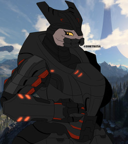 anthro armor big_breasts black_clothing breasts brown_body clothing crossgender female headgear helmet mature_female mtf_crossgender science_fiction solo suit thick_thighs wide_hips yellow_sclera zortrex halo_(series) microsoft xbox_game_studios jega_'rdomnai alien sangheili scalie absurd_res hi_res
