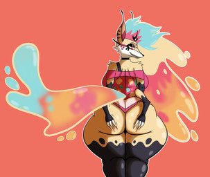 4_arms anthro big_breasts big_butt bottomwear breasts butt clothing curvy_figure eyelashes female female_anthro flowing_hair flowing_tail freckled_face freckles glistening_eyelids hair hand_on_butt hand_on_own_butt long_eyelashes long_hair long_tail looking_at_butt looking_at_own_butt looking_down multi_arm multi_limb rear_view shirt shorts simple_background smile solo tail thick_thighs topwear tuft wide_hips dumbwolfperson hellaverse helluva_boss mythology queen_bee-lzebub_(helluva_boss) arthropod bee canid canid_demon canine demon fox hellhound hybrid hymenopteran insect mammal mythological_canine mythological_creature digital_drawing_(artwork) digital_media_(artwork) hi_res
