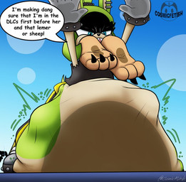 abdominal_bulge anthro barefoot black_clothing black_shirt black_topwear blue_eyes bottomwear clothed clothing dialogue feet female footwear fur green_body green_fur group motion_lines oblivious outside pants sharp_teeth shirt shoes sky speech_bubble struggling struggling_prey swallowing teeth text topwear vore yellow_bottomwear yellow_clothing yellow_footwear yellow_pants yellow_shoes xcosmicfetishx idw_publishing nights_into_dreams sega sonic_the_hedgehog_(comics) sonic_the_hedgehog_(idw) sonic_the_hedgehog_(series) nights_(nights_into_dreams) surge_the_tenrec whisper_the_wolf afrosoricid canid canine canis humanoid mammal tenrec wolf 2025 colored english_text watermark