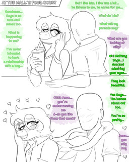 anthro bald blush clothing compliment container cup dialogue drinking duo embarrassed eyewear feathered_tail feathers femboy fingers glasses hair happy heart_symbol holding_container holding_cup holding_object human_on_anthro humanoid_hands interspecies jacket looking_at_another male male/male open_mouth romantic romantic_couple round_glasses shirt short_hair sitting smile tail tail_around_partner talking_to_another text thinking topwear arsenic_iii cavemanon_studios goodbye_volcano_high ko_op_(game_developer) snoot_game anon_(snoot_game) sage_(gvh) dinosaur dromaeosaurid human mammal microraptor prehistoric_species reptile saurischian scalie theropod 4:5 english_text greyscale hi_res monochrome
