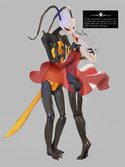 antennae_(anatomy) anthro anthro_on_anthro black_body blush breath cloak clothing duo female female/female hug kissing light red_cloak red_clothing segmented_body simple_background text text_box translucent translucent_clothing austinarts4 hollow_knight:_silksong hollow_knight_(franchise) team_cherry hornet_(hollow_knight) shakra_(hollow_knight:_silksong) arachnid arthropod insect spider 2025 3:4 english_text hi_res lighting