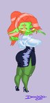 bottomwear clothed clothing eye_scar facial_scar female footwear green_body hair high_heels lipstick looking_at_viewer looking_back makeup purple_eyes red_hair scar secretary_outfit shoes skirt solo thick_thighs tied_hair wide_hips doggonotebook fantasy_creature goblin humanoid hi_res