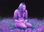 anthro areola blue_eyes breasts female flower hair kneeling long_hair navel nipples nude plant purple_body simple_background solo ilp0 canid canine mammal