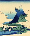 ambiguous_gender beak canterlot castle cloud day detailed_background feral flying group hill landscape mountain outside silhouette sky standing ukiyo-e wings iisaw friendship_is_magic hasbro my_little_pony umezawa_manor_in_sagami_province avian bird crane_(bird) gruiform inspired_by_formal_art