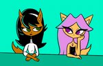 anthro black_hair duo female furniture green_eyes hair hand_on_face hands_on_table looking_at_another pink_hair purple_eyes sitting table idytwisted nickelodeon t.u.f.f._puppy kitty_katswell domestic_cat felid feline felis mammal colored half-length_portrait hi_res portrait