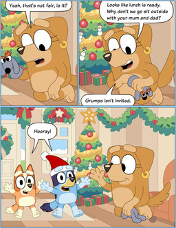 age_difference anthro armchair black_eyes black_nose blue_body blue_fur blue_tail box brown_body brown_ears brown_fur brown_nose brown_tail celebration chair christmas_clothing christmas_headwear christmas_tree clothing container day dialogue door ear_piercing ear_ring eyelashes female fur furniture gift gift_box gift_wrapped group hand_on_knee hand_on_leg hand_on_own_knee hand_on_own_leg happy hat headgear headwear holding_object holding_puppet holidays inside jumping kneeling lgbt_pride looking_away looking_down multicolored_body multicolored_fur multicolored_tail orange_body orange_ears orange_fur orange_tail piercing plant question_mark raised_arms red_clothing red_hat red_headwear ring_piercing santa_hat side_view smile speech_bubble tail teeth text three-quarter_view tongue tree trio two_tone_body two_tone_fur two_tone_hat two_tone_tail white_clothing white_hat white_headwear window yellow_body yellow_fur young young_anthro young_female younger_female omatic bluey_(series) christmas lgbt_pride_month bingo_heeler bluey_heeler fan_character jamie_(omatic) australian_cattle_dog canid canine canis cattledog domestic_dog herding_dog mammal pastoral_dog 2025 absurd_res comic digital_media_(artwork) english_text hi_res aunt_(lore) aunt_and_niece_(lore) niece_(lore) sibling_(lore) sister_(lore) sisters_(lore) trans_(lore) trans_woman_(lore)