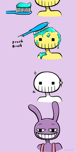 anthro brush brushing brushing_teeth eyebrows humor pupils purple_body solo sparkles square_pupils text toothbrush toothpaste toothy_smile white_body yellow_body half_dime glitch_productions the_amazing_digital_circus jax_(tadc) lagomorph leporid mammal rabbit absurd_res comic english_text hi_res meme