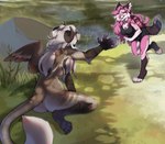 anthro date duo female female/female forest love male male/female nature plant romantic romantic_couple running scenery sitting smile sunny tail tree kyjaanka canid canine domestic_cat felid feline felis fox hybrid mammal hi_res shaded