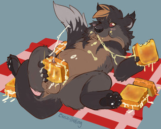 anthro anus balls bodily_fluids butt claws cum dipstick_tail eating eating_food erection food food_fetish food_play food_sex fur genital_fluids genitals grilled_cheese hair improvised_sex_toy lying male markings masturbation nude on_back pawpads paws penetration penis sandwich_(food) simple_background smile solo tail tail_markings bunzillaking korwin binturong mammal viverrid absurd_res hi_res