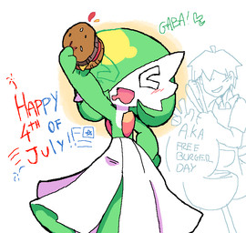 >_< blush burger duo eyes_closed female food hair hair_over_eye hand_on_hip holding_food holding_object holidays male open_mouth open_smile simple_background smile text white_background melfunnysmell 4th_of_july nintendo pokemon gaba_(melfunnysmell) gardevoir generation_3_pokemon human humanoid mammal pokemon_(species) english_text
