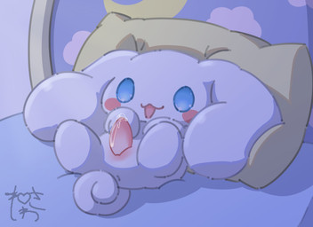 anus bed blue_eyes bodily_fluids chibi erection feral furniture genital_fluids genitals lying lying_on_bed male on_bed penis precum precum_on_penis solo neisawa cinnamoroll sanrio cinnamon_(cinnamoroll) canid canine mammal hi_res