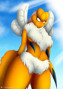 anthro day female fur insect_wings solo sting white_body white_eyes white_fur white_wings wings yellow_body mihukoro arthropod bee coromon_(species) humbee hymenopteran insect