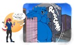 2023 absurd_res anthro awoogasm belly big_belly blue_body canid canine canis cheek_tuft city clothing digital_media_(artwork) english_text facial_tuft fur grimace_shake hi_res looking_at_viewer macro male mammal mcdonald's meme moobs onomatopoeia red_body red_eyes red_fur roaring solo sound_effects speech_bubble stuck text tuft vox_(awoogasm) wolf yellow_eyes