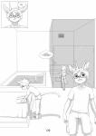 2019 absurd_res anthro antlers aogami bathtub bottomwear brother_(lore) brother_and_sister_(lore) clothed clothing comic deer dialogue domestic_cat english_text eyewear felid feline felis female fur glasses hair hi_res horn jeremy_(aogami) male mammal monochrome nicky_(aogami) sammy_(aogami) scut_tail short_tail shorts sibling_(lore) sister_(lore) tail text water young young_anthro