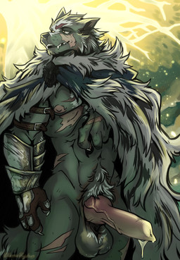 animal_genitalia animal_penis anthro armor balls bodily_fluids body_hair canine_genitalia canine_penis claws cloak clothed clothing dripping erdtree fangs fur gauntlets genital_fluids genitals gloves handwear happy_trail knot looking_aside male muscular navel nipples outside partially_clothed penis plant precum precum_drip pubes saggy_balls scar smile solo standing teeth tree conditional_dnp lemonkyubun elden_ring fromsoftware blaidd_(elden_ring) canid canine canis mammal wolf absurd_res hi_res