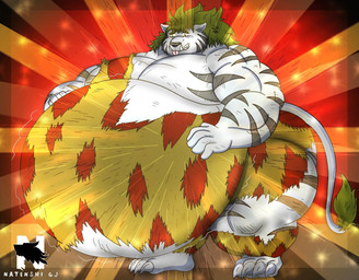 anthro belly belly_inflation big_belly bloated fangs fur green_hair hair huge_belly inflation male musclegut muscular muscular_arms muscular_male solo striped_body striped_fur stripes teeth tongue tongue_out white_body white_fur zangokunatenshi yu_yu_hakusho byakko_(yu_yu_hakusho) felid mammal pantherine tiger hi_res