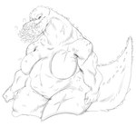 anthro belly big_belly big_breasts big_tail breasts featureless_breasts female fingers long_tail overweight overweight_anthro overweight_female scar sharp_teeth solo spikes spikes_(anatomy) tail teeth thick_thighs mhdrawin capcom monster_hunter brute_wyvern deviljho 2022 black_and_white hi_res monochrome