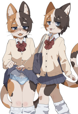anthro blep blue_clothing blue_eyes blue_panties blue_underwear blush bodily_fluids bottomwear bow_panties bow_underwear bulge clothed clothed_anthro clothed_male clothing clothing_lift colored_edge_panties colored_edge_underwear crossdressing crossdressing_male cute_fangs fangs femboy fur hair kemono knee_highs legwear looking_at_viewer male male_anthro multicolored_body multicolored_fur multicolored_hair open_mouth panties panties_bulge pattern_bottomwear pattern_clothing pattern_panties pattern_underwear penis_in_panties presenting_panties presenting_underwear school_uniform short_hair simple_background skirt skirt_lift solo striped_bottomwear striped_clothing striped_panties striped_underwear stripes sweat sweatdrop teeth tongue tongue_out underwear uniform upskirt whiskers white_background aya_tsuji calico_cat domestic_cat felid feline felis mammal 2025 absurd_res digital_media_(artwork) hi_res multiple_images