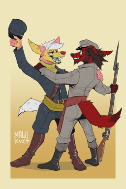 anthro boots clothing confederate_states_of_america confederate_uniform duo ears_back ears_up eye_contact footwear gun hat headgear headwear holding_clothing holding_gun holding_hat holding_headgear holding_headwear holding_object holding_ranged_weapon holding_rifle holding_weapon looking_at_another male male/male military military_uniform open_mouth pivoted_ears ranged_weapon rifle shoes smile smiling_at_another soldier tail teeth teeth_showing tongue uniform warrior weapon wearing_hat mawkvlt nico_(foxmusk) 2:3 hi_res
